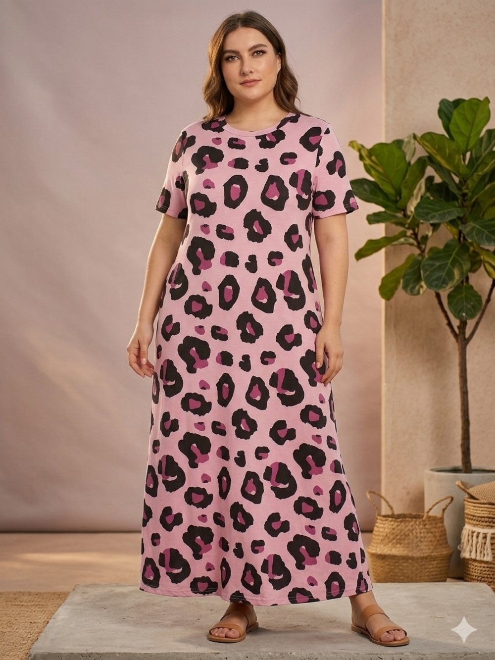 Leopard Print Maxi Dress w/Pockets & Short Sleeves Woman's Size XL NWT